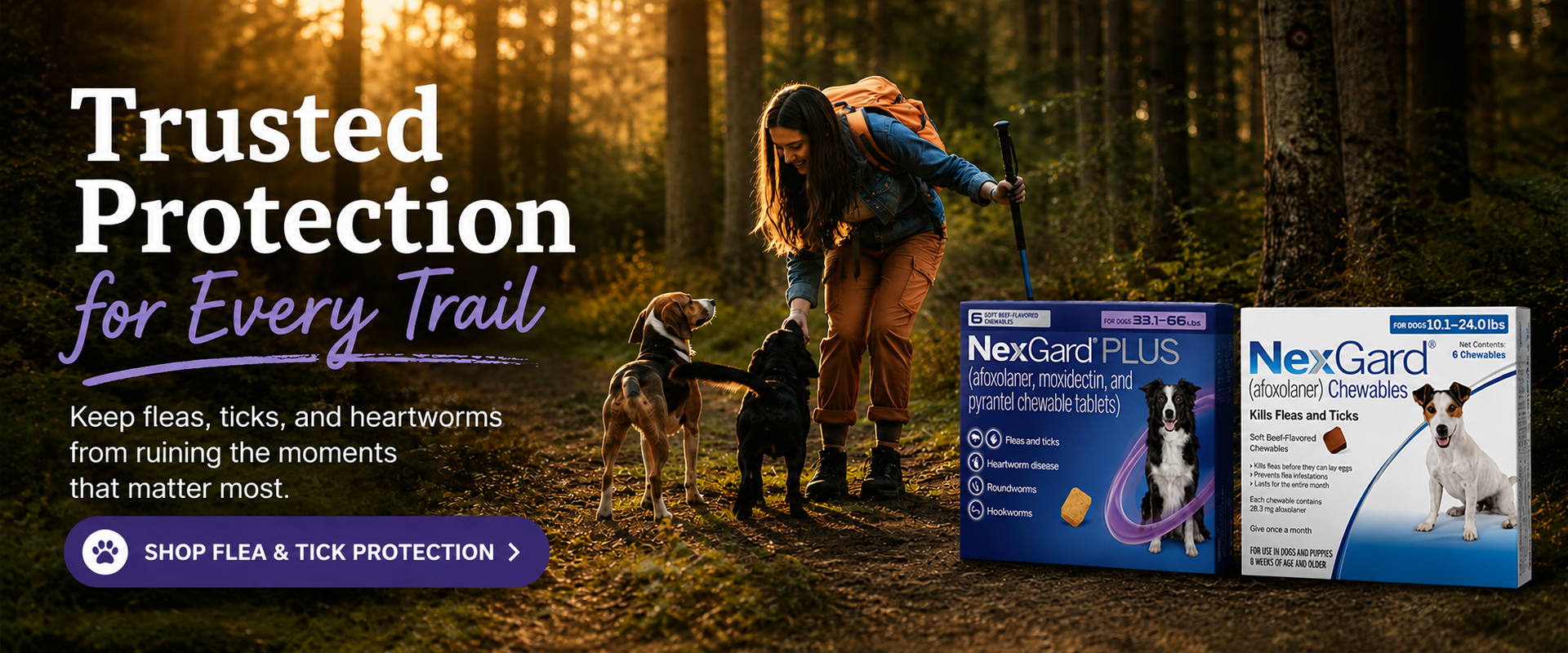 Man with dog in forest beside two NexGard flea and tick medicine boxes, with text “Trusted Protection for Every Trail”