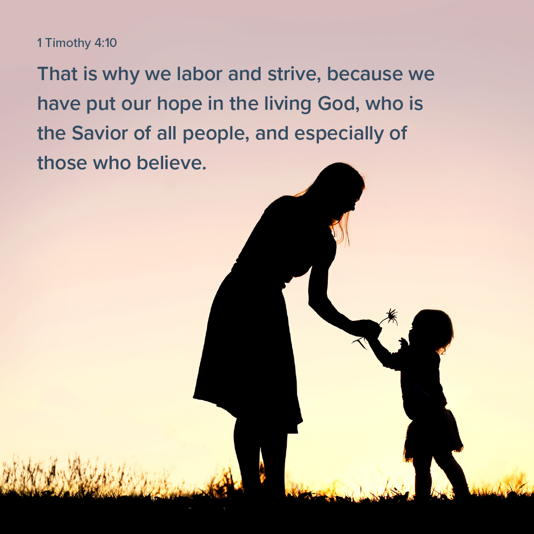Silhouette of adult and child against sunset with Bible verse text about hope in the living God.