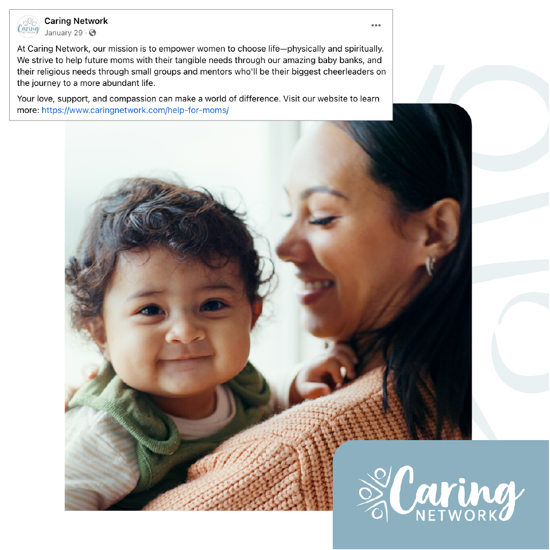 Smiling adult holding a child, with a “Caring Network” logo in the corner.