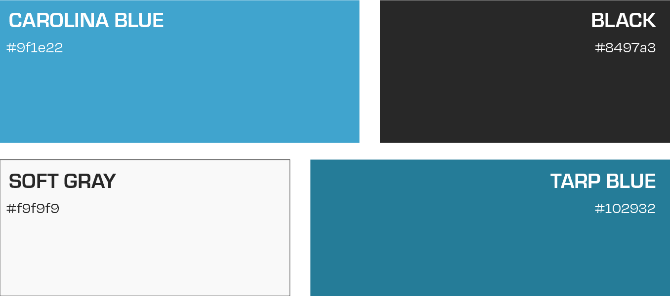 Color swatches labeled Carolina Blue, Black, Soft Gray, and Tarp Blue arranged in a four-panel layout