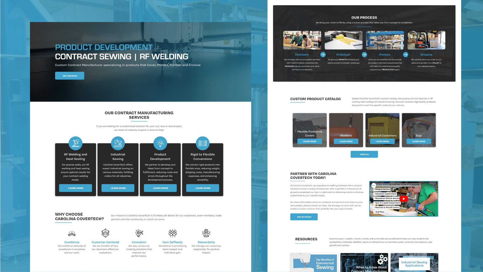 Side-by-side website screenshots with blue and white product showcase sections.