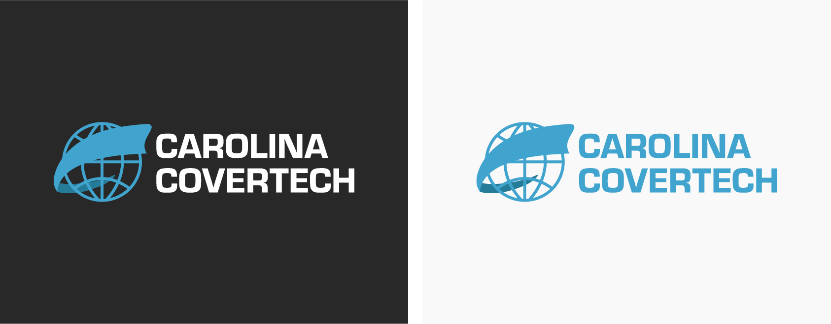 Carolina Covertech logo in white and blue on dark gray and white backgrounds.