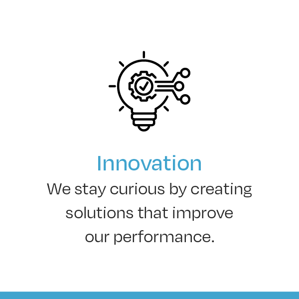 Lightbulb innovation icon above blue “Innovation” text and a short statement about improving performance.