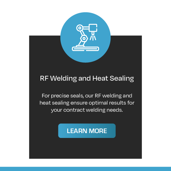RF Welding and Heat Sealing promo card with blue icon and “Learn More” button