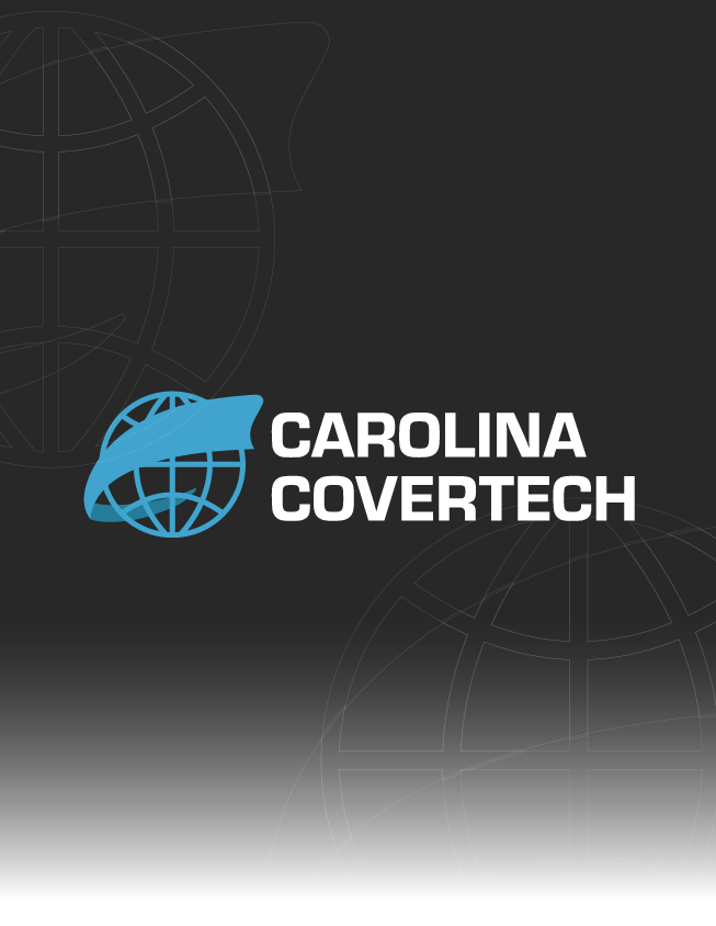 Carolina Covertech logo on a dark gray background with a blue globe icon and white text