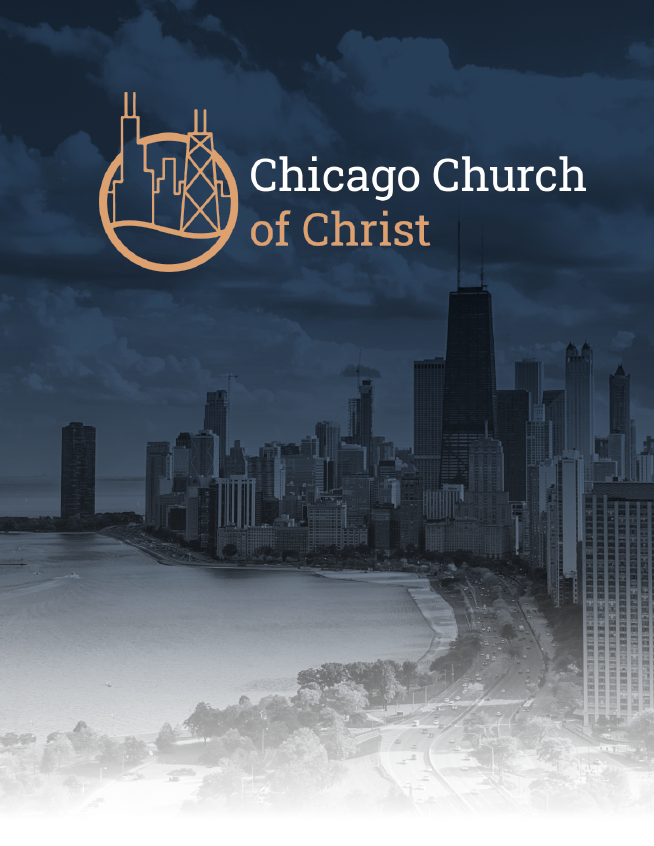 Chicago Church of Christ logo over a blue-gray Chicago skyline backdrop