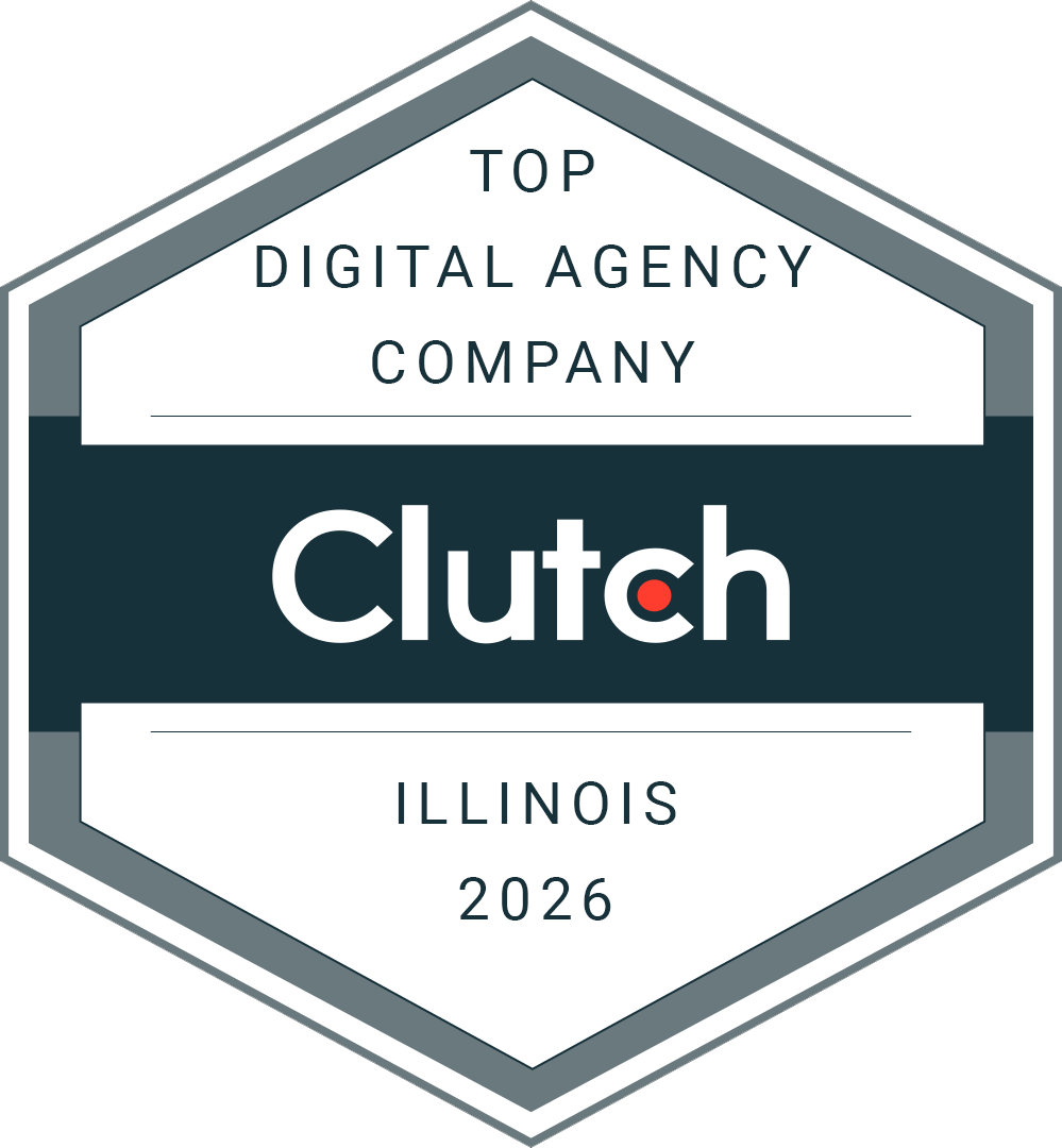 Clutch badge for Top Digital Agency Company in Illinois 2026, gray and navy hexagon logo