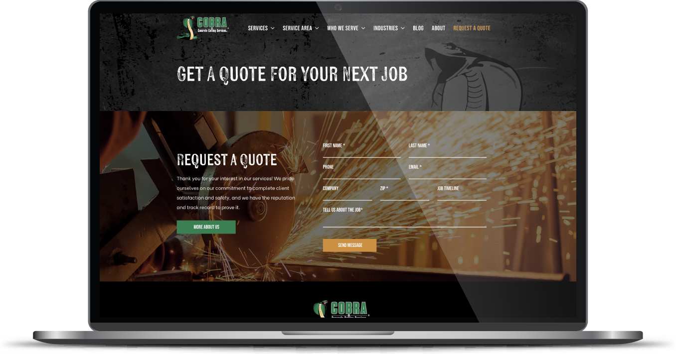 Laptop displaying a moving company website with a city-at-night background and “Get a quote for your next job” banner
