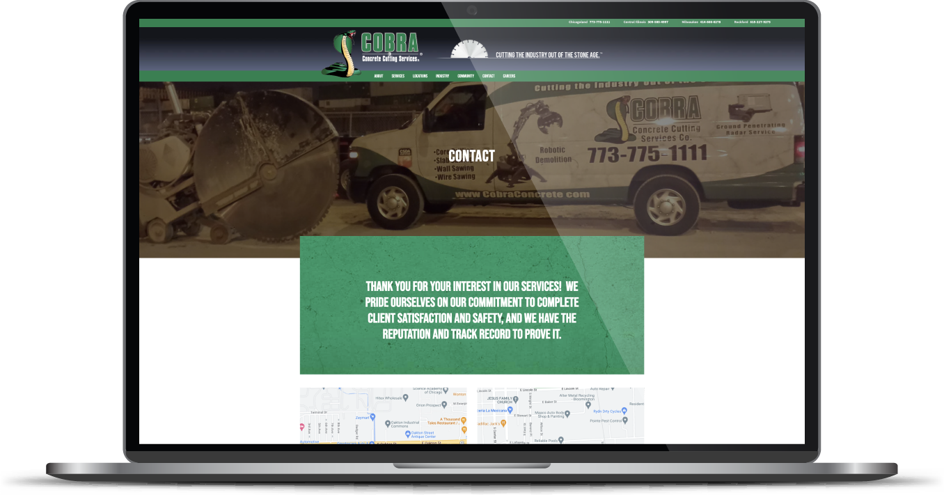 Truck company website shown on a laptop, with a green banner and truck photo on the homepage.