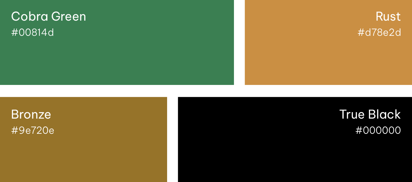 Color palette with four swatches labeled Cobra Green, Rust, Bronze, and True Black.