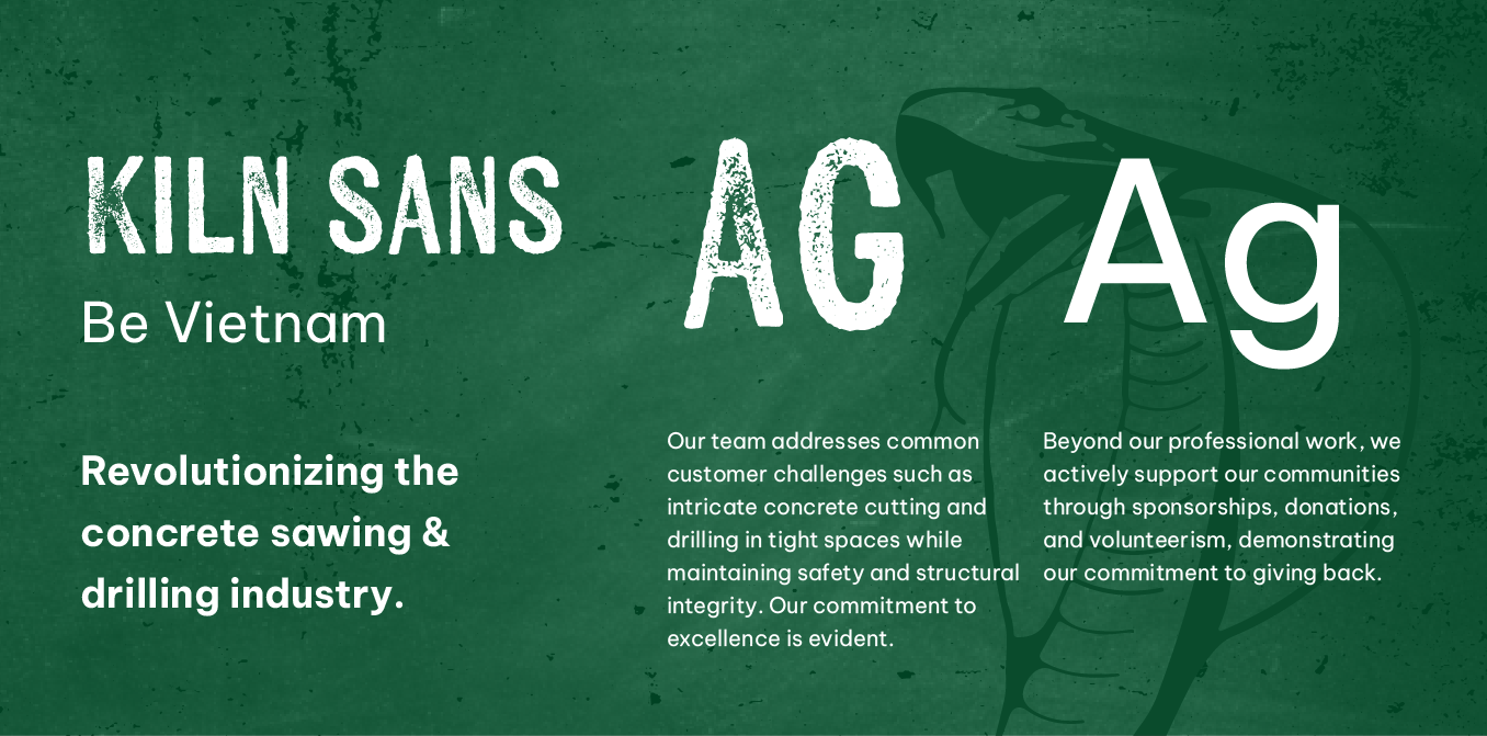 Green promotional banner for KILN SANS Vietnam with large AG and Ag lettering and small white text blocks