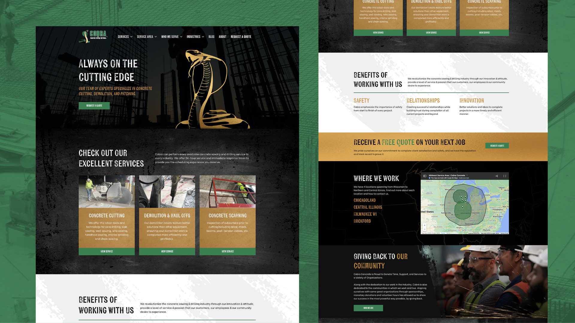 Dark green and black website mockup with gold accents, showing event panels and a map section.