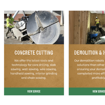 Construction service tiles for concrete cutting and demolition, with workers using saws and a wood-cutting scene