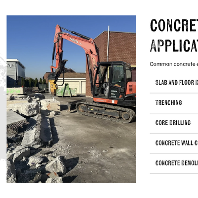 Excavator breaking concrete beside a house, with concrete application services listed on a sign.