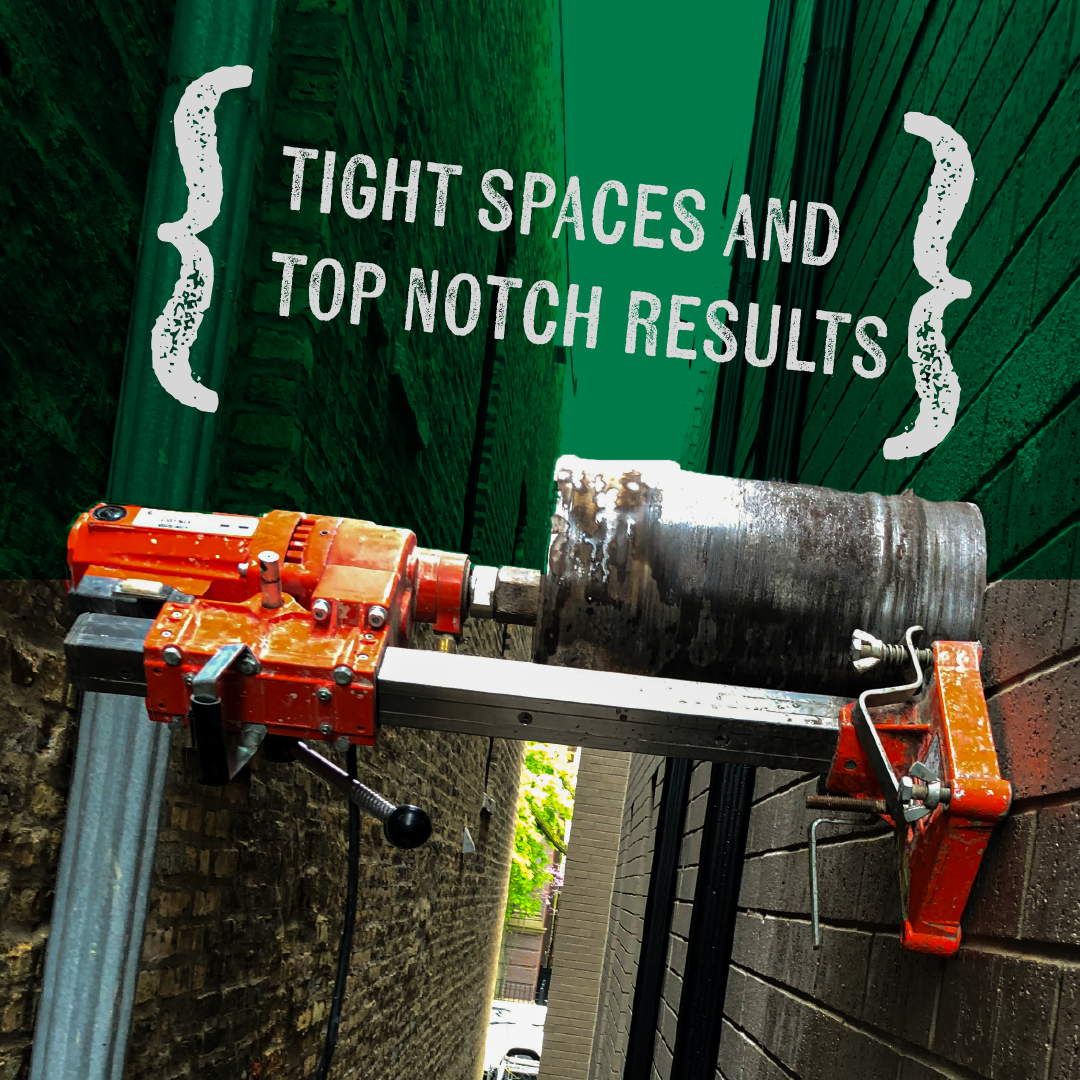 Orange clamps hold a plank across a narrow gap, with “TIGHT SPACES AND TOP NOTCH RESULTS” painted above.