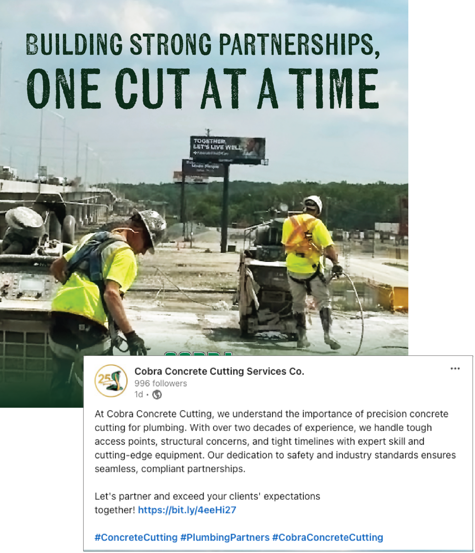 Workers in yellow safety vests cutting concrete on a road under a “One cut at a time” banner