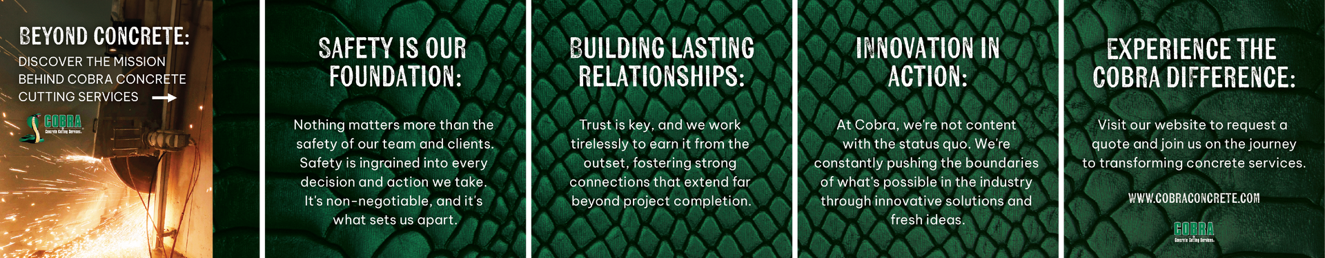 Five green quote-style panels with white text and a fiery orange glow on the leftmost panel.