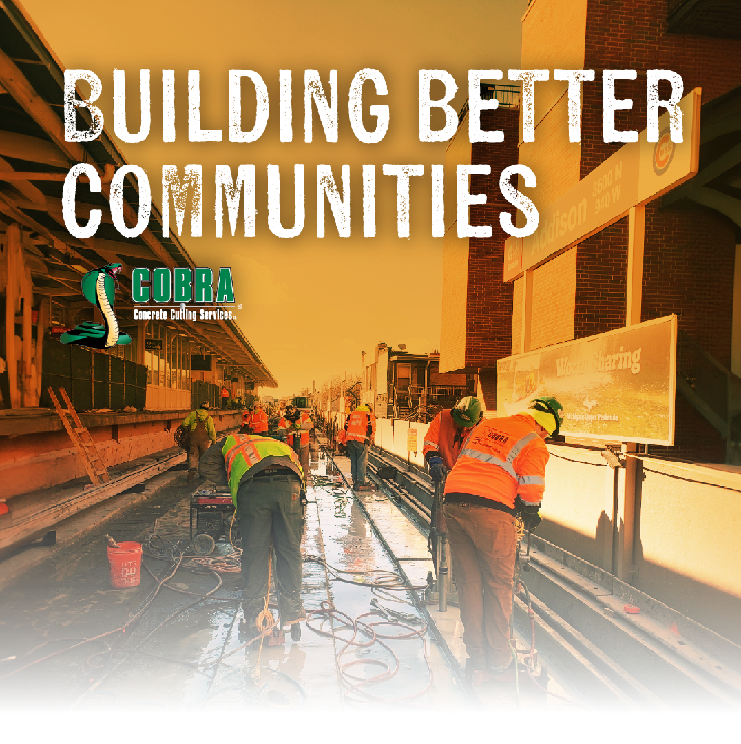 Construction workers in orange vests paving a road with “Building Better Communities” text overlay