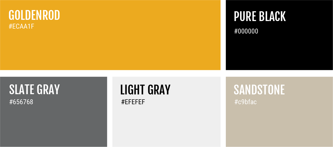 Color swatch palette with Goldendrod, Pure Black, Slate Gray, Light Gray, and Sandstone blocks