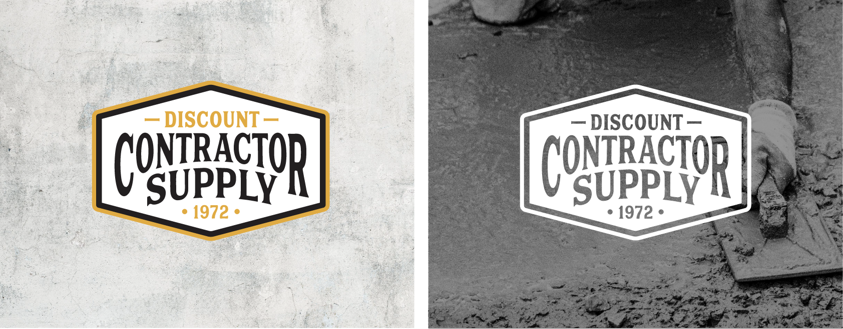 Side-by-side contractor supply logo: color on concrete wall and black-and-white on cracked ground
