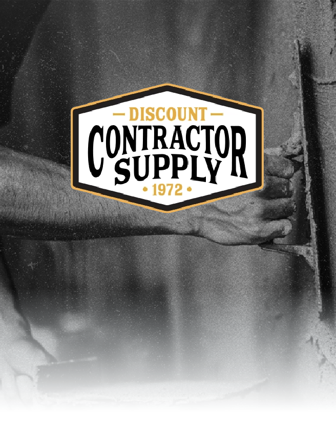 Discount Contractor Supply logo on black-and-white background with a gloved hand holding equipment