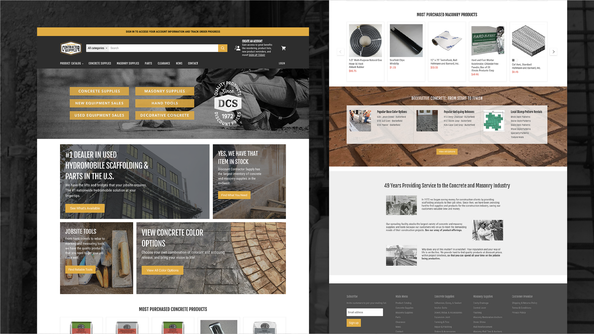 Dark industrial website mockup with yellow accents and sections showing machinery, materials, and product tiles