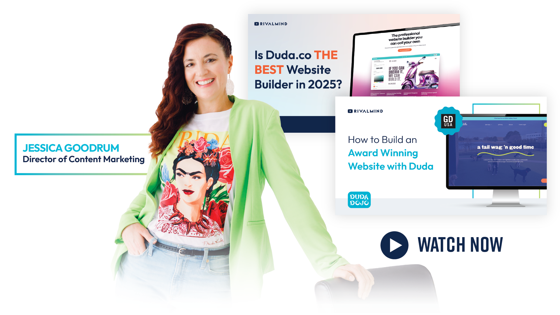 Smiling woman in green cardigan beside marketing webinar promo with “Watch Now” button
