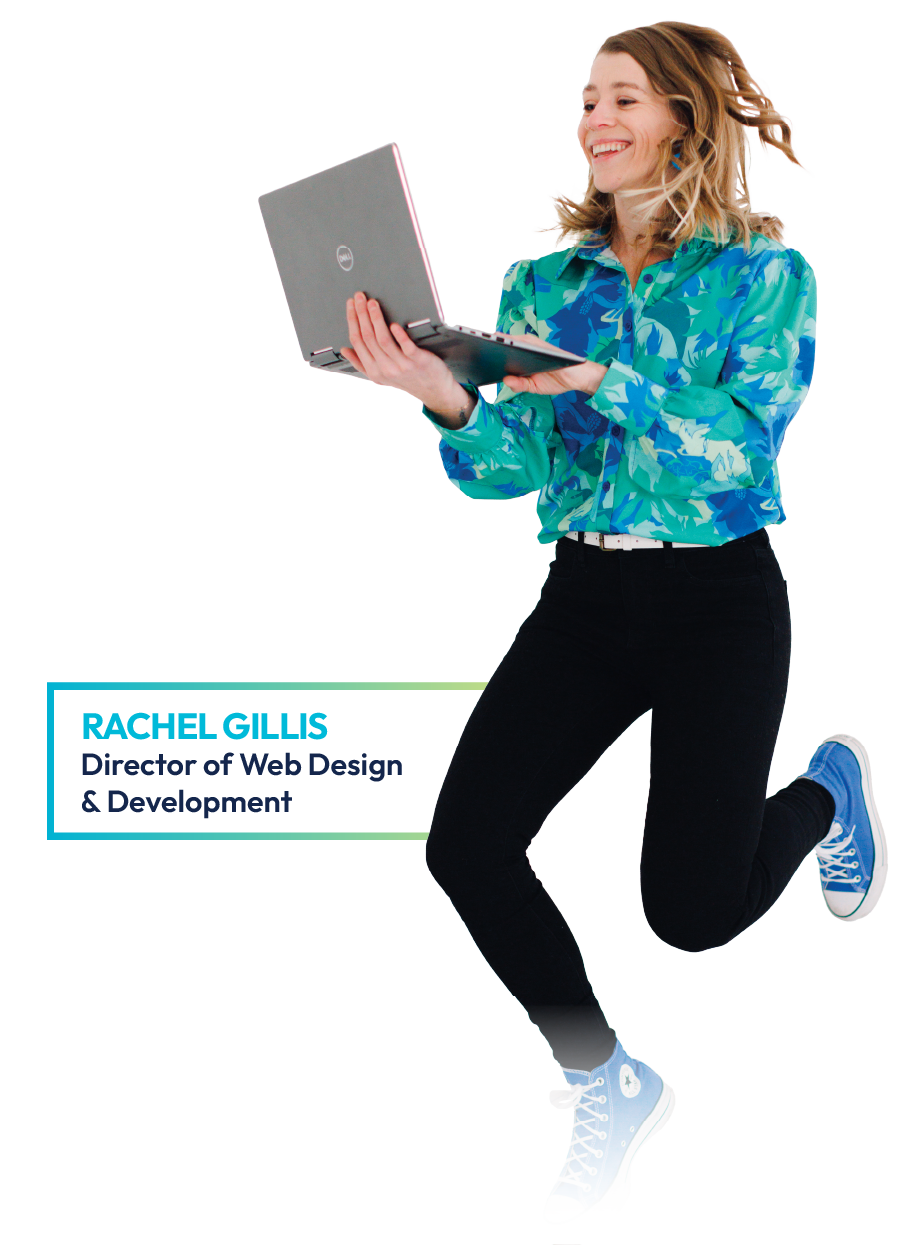 Woman in blue blouse and black pants jumping with a laptop and notebook, smiling on white background.