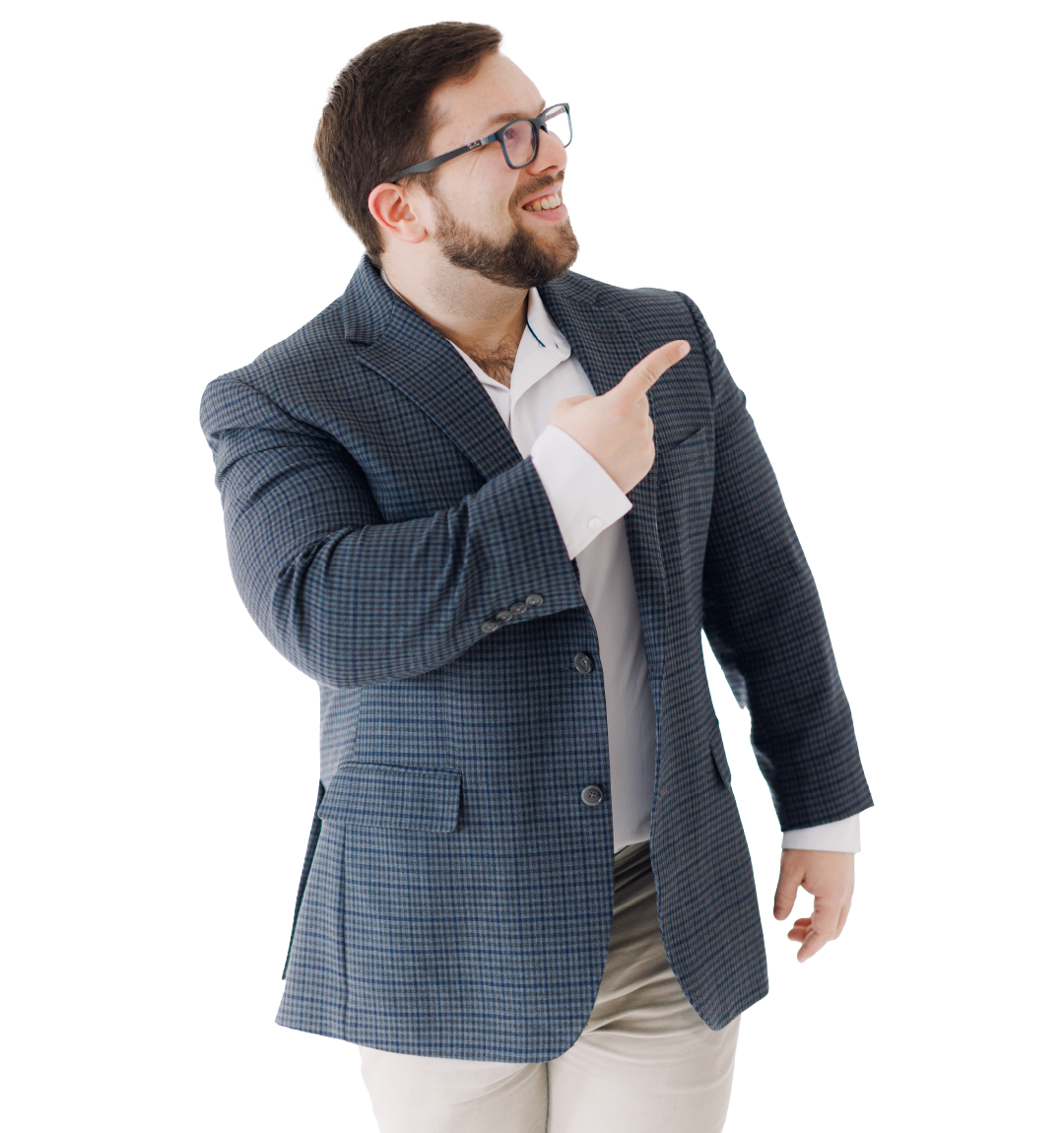 Man in a blue blazer pointing to the side and smiling against a white background