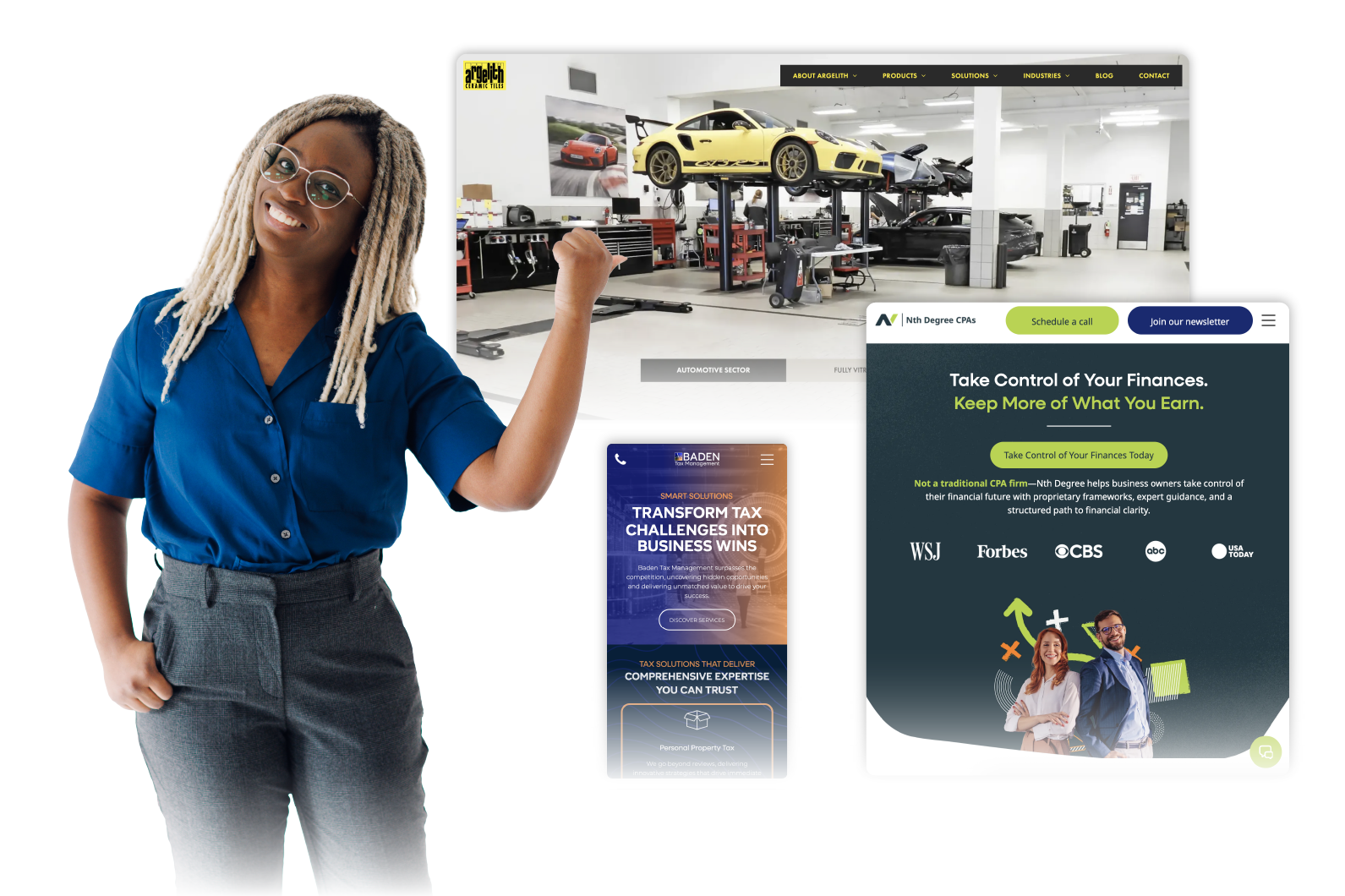 Woman in blue shirt beside website mockups showing a garage and service offers
