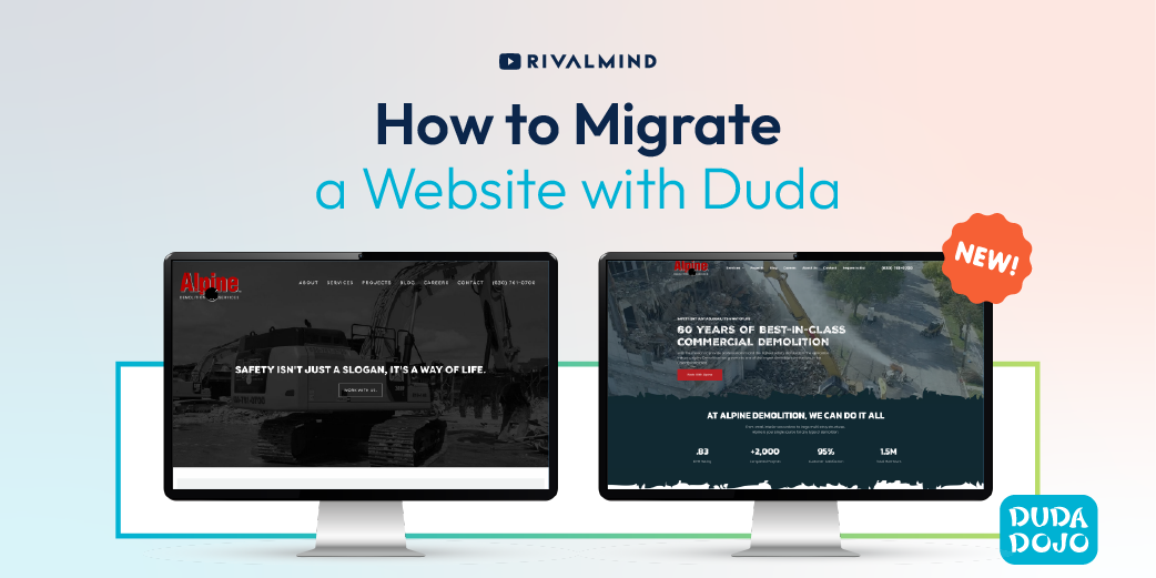 Tutorial graphic for migrating a website with Duda, showing two desktop screens and a “NEW” badge.