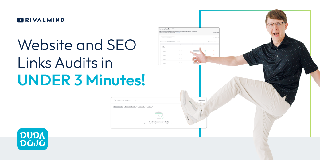 Website and SEO links audits in under 3 minutes, with man beside browser mockups