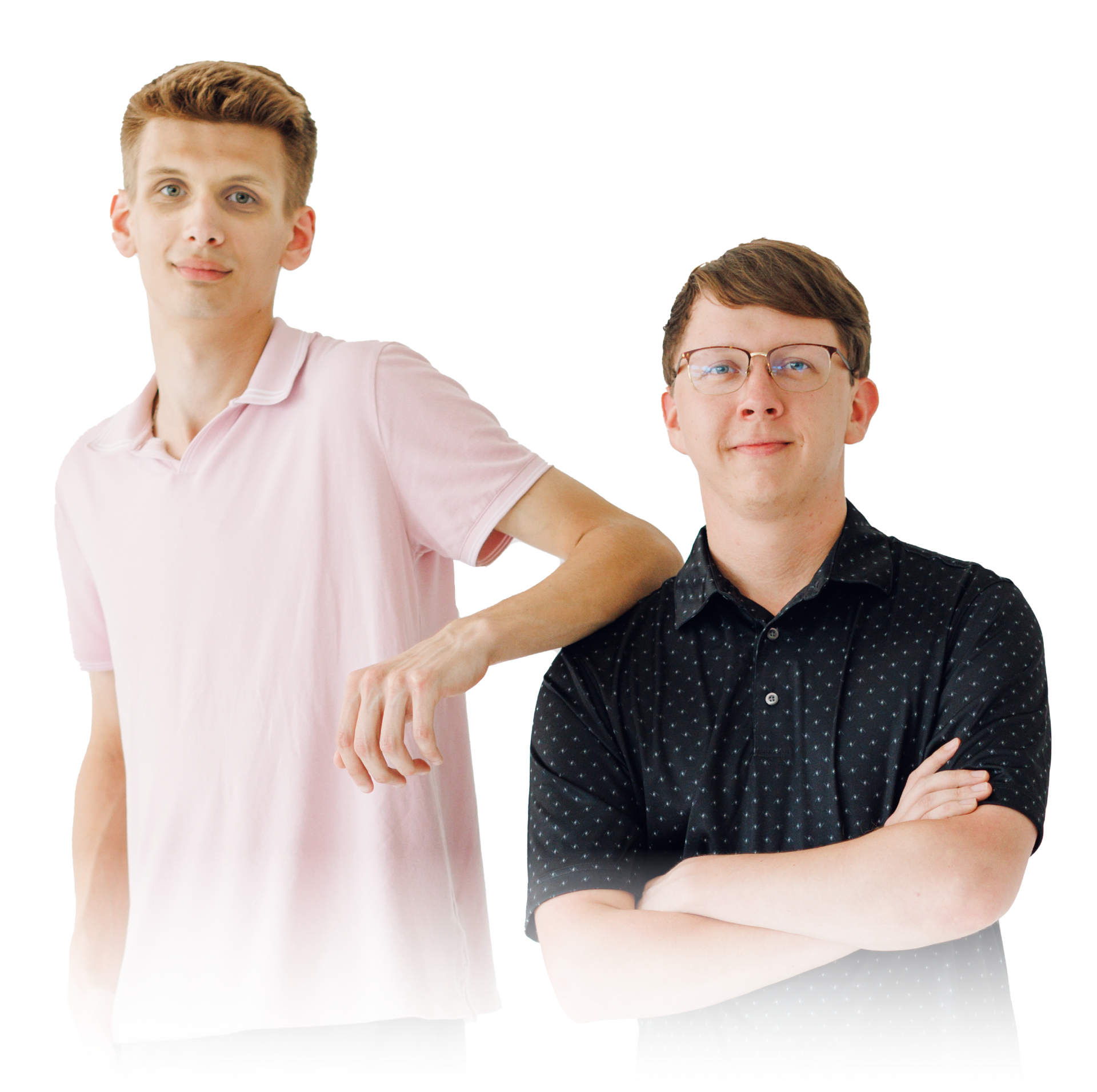 Two people standing against a white background, one in a pink shirt and one in a black shirt with arms crossed