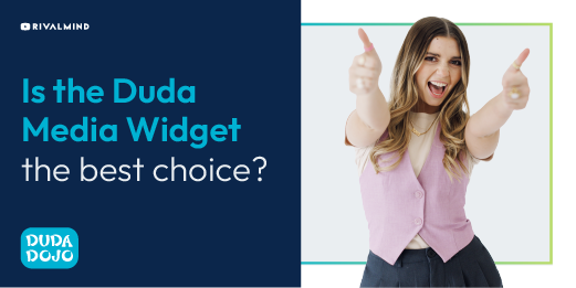 Promotional graphic asking “Is the Duda Media Widget the best choice?” beside a smiling woman on a blue background