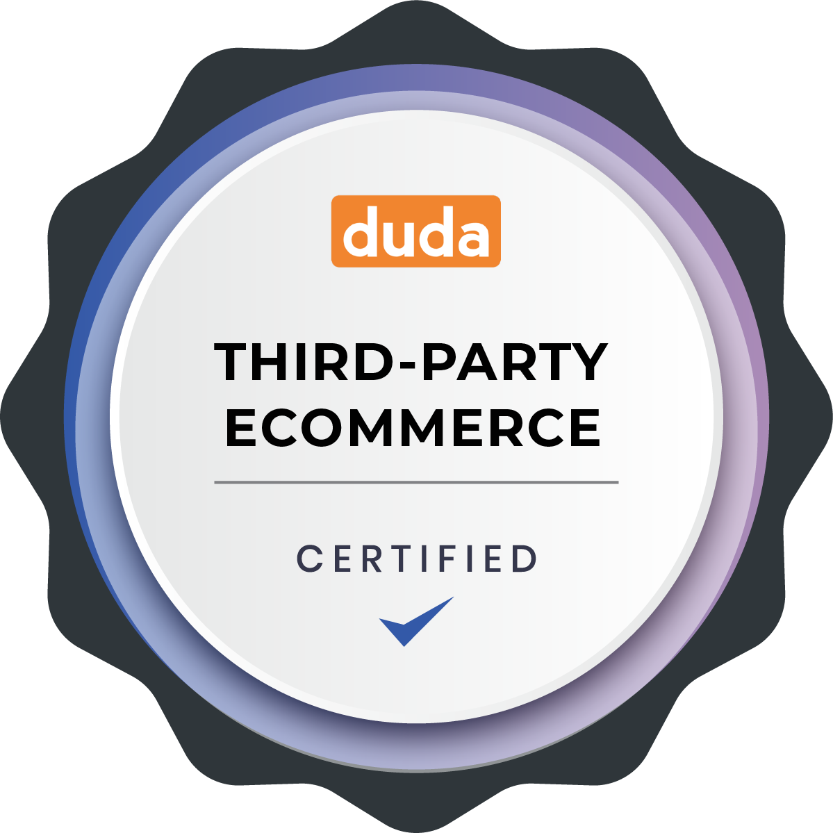 Duda third-party ecommerce certified badge with blue and orange logo on a white seal