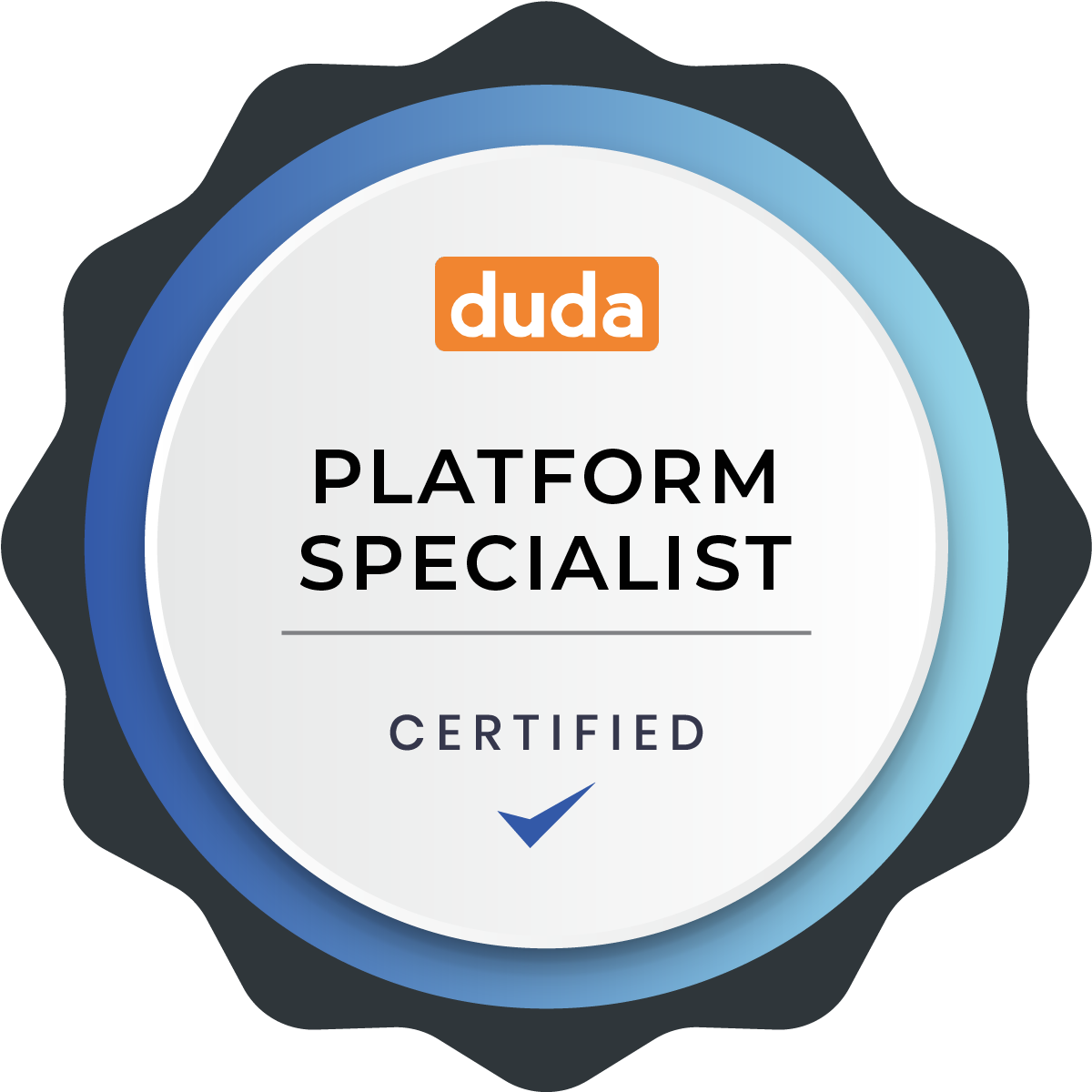 Duda Platform Specialist certified badge with blue and white circular seal