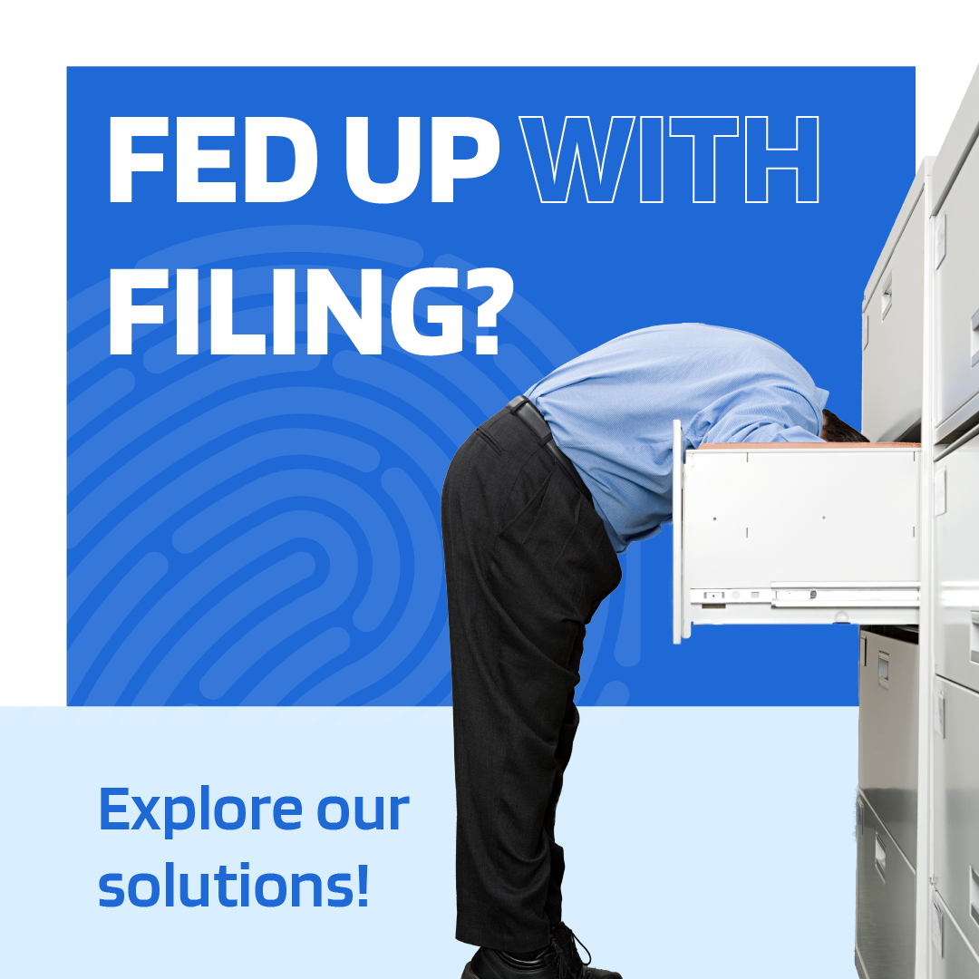 Blue ad showing a man bent over a filing cabinet with text: “FED UP WITH FILING? Explore our solutions!”