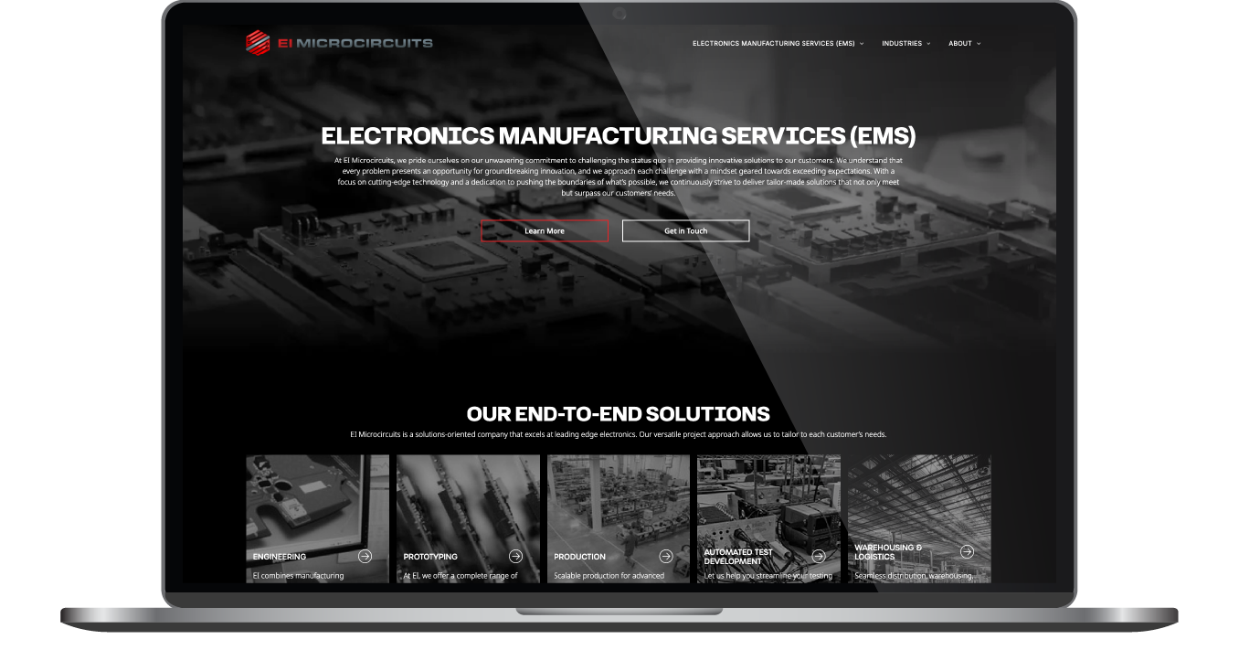 Laptop displaying a dark electronics manufacturing services website with text and product images