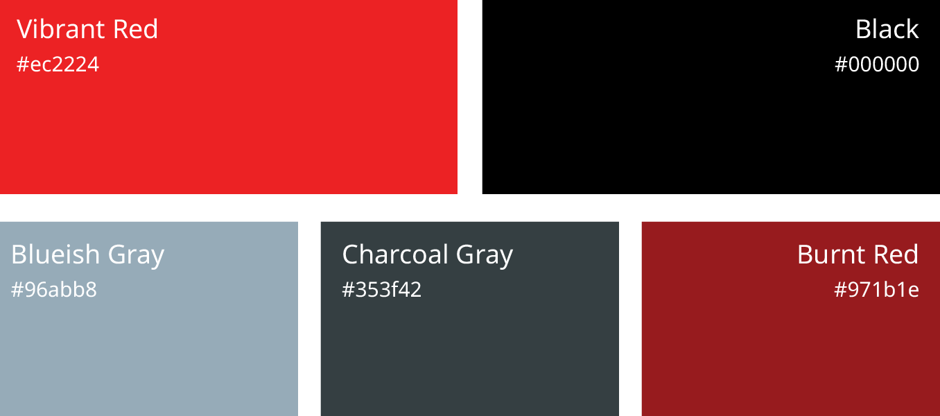 Color palette with vivid red, black, blue-gray, charcoal gray, and burnt red swatches labeled with hex codes