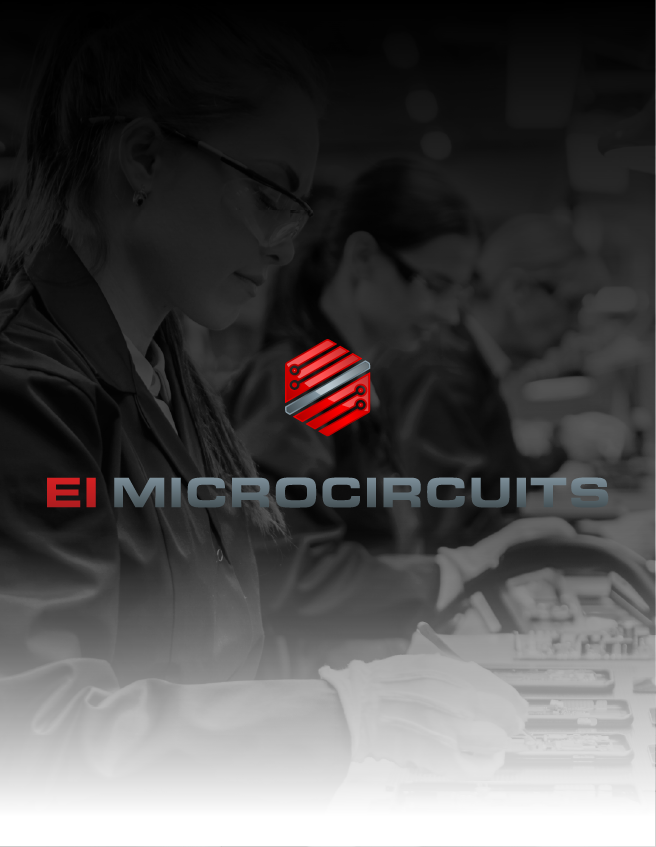 EI Microcircuits logo over a grayscale scene of people working at computers