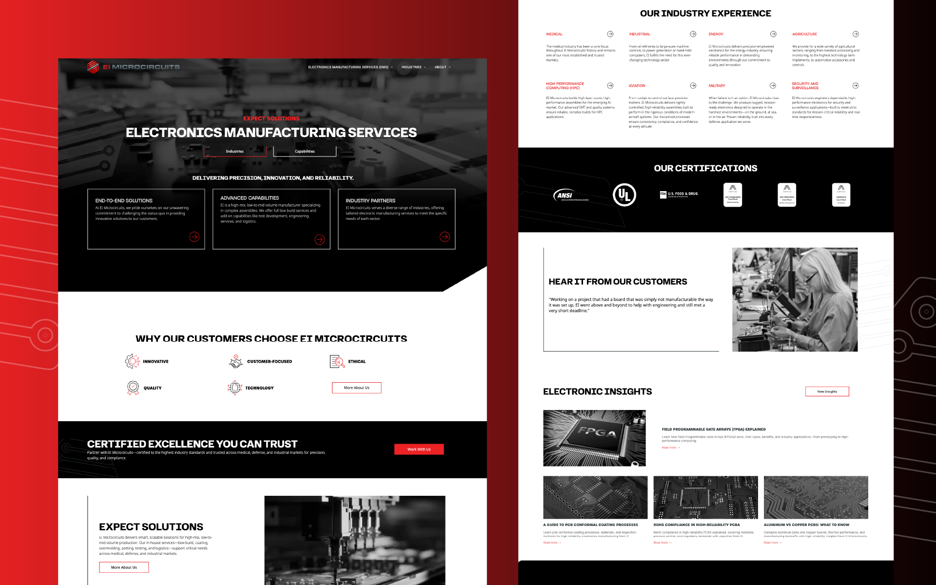 Red-and-black website mockup showing a bold homepage and article grid layout