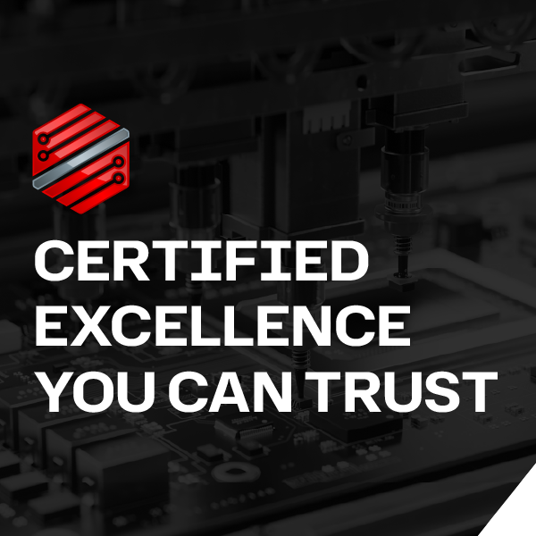 Red logo over dark industrial background with the text “Certified Excellence You Can Trust”