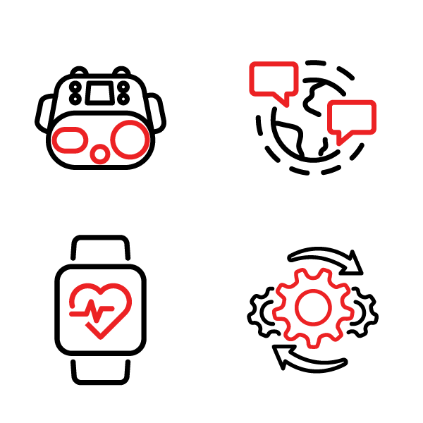 Four tech icons: robot head, chat globe, smartwatch heart rate, and gear with arrows