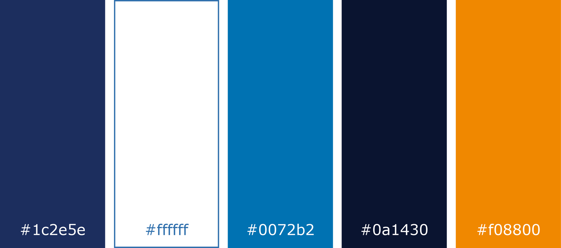 Five vertical color swatches: navy, white, blue, dark navy, and orange with hex codes.