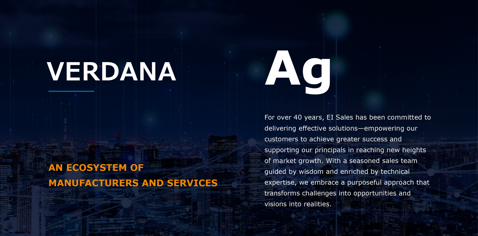 Dark blue industry banner with “VERDANA,” large “Ag,” and “an ecosystem of manufacturers and services” text.