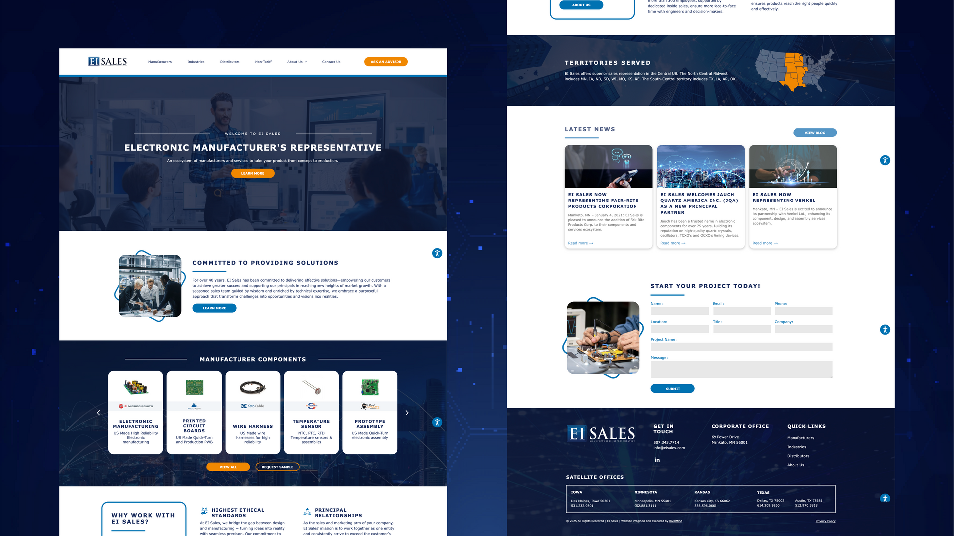 Two dark-blue travel website homepage mockups with hero banners, cards, and navigation sections
