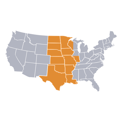 U.S. map highlighting the central states in orange and the rest in gray