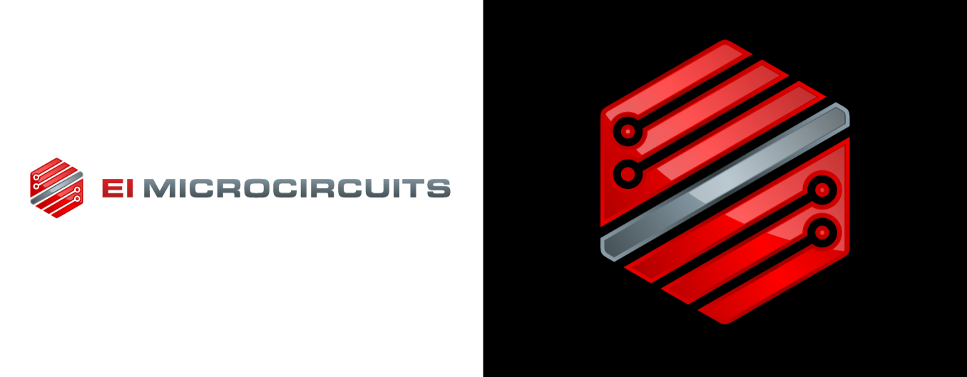 E Microcircuits logo and red hexagonal circuit icon on a white and black background