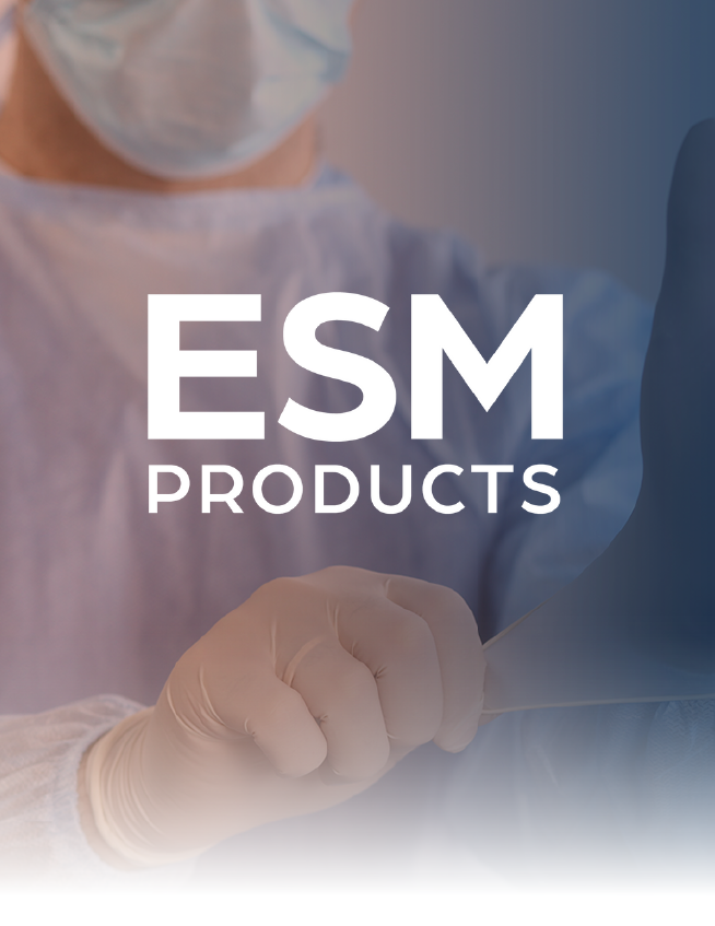 ESM Products logo over a masked medical worker in gloves, blue-toned background