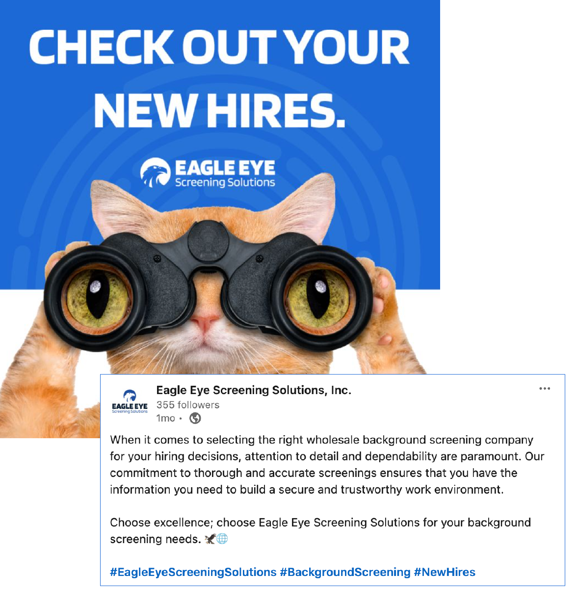 Blue ad with a cat wearing binoculars and the text “CHECK OUT YOUR NEW HIRES” for Eagle Eye Security Services